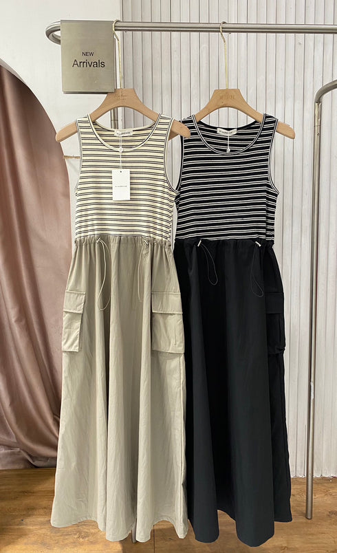 MATINEE Color Contast Sleeveless Adjustable Waist Drawstring Dresses